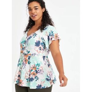 Torrid Womens Plus 4 Floral Ribbed Button Front V-Neck Short Sleeve Babydoll Top